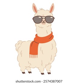 Cute llama with sunglasses on white background. Flat vector illustration in simple childish style 
