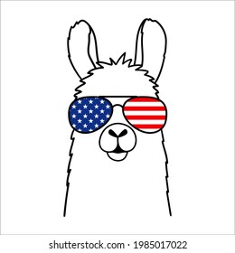 Cute llama with sunglasses and USA Flag print. Vector illustration isolated on white background. 