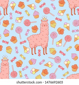 Cute llama and sweets seamless vector pattern.