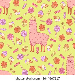 Cute llama and sweets seamless vector pattern. This pattern will be great for children's things, clothes and so on.