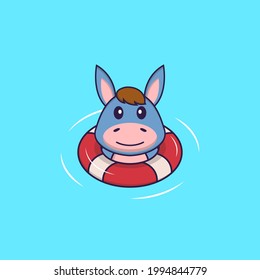 Cute llama is Swimming with a buoy. Animal cartoon concept isolated. Can used for t-shirt, greeting card, invitation card or mascot.