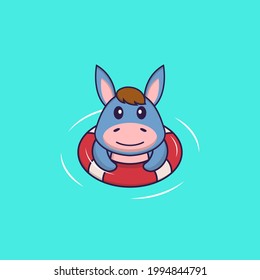 Cute llama is Swimming with a buoy. Animal cartoon concept isolated. Can used for t-shirt, greeting card, invitation card or mascot.