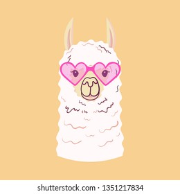 Cute Llama in trendy glasses. Print for fabric, t-shirt, poster. Vector illustration
