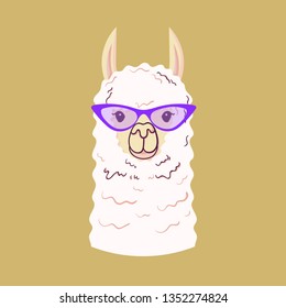 Cute Llama in trendy glasses. Print for fabric, t-shirt, poster. Vector illustration
