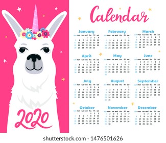 Cute llama unicorn. Calendar for 2020. Week start on Sunday.