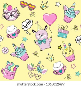 Cute llama, unicorn, cat and sweet kawaii for birthday party seamless pattern on a yellow background