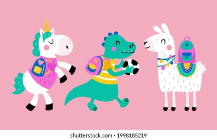 Cute llama, unicorn and dinosaur character design with backpack. Back to school concept. Childish print for t-shirt, apparel, cards and nursery decoration