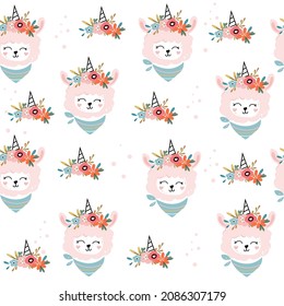 Cute llama unicorn head seamless pattern in boho style. Vector cartoon illustration. Nursery, greeting card, poster, baby shower
