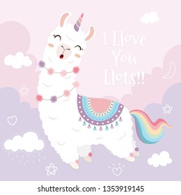 Cute llama unicorn and rainbow floating in the sky.