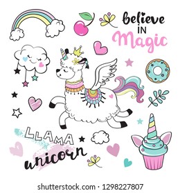 Cute llama unicorn and rainbow and inscription Believe in Magic on a white background