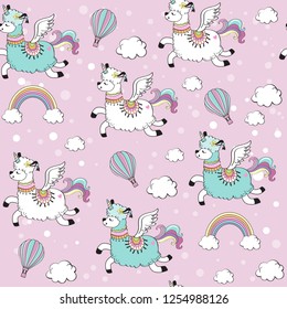 Cute llama unicorn and rainbow on a pink background seamless pattern