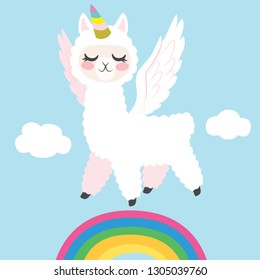 Cute Llama Unicorn With Wings Flying Over Colorful Rainbow