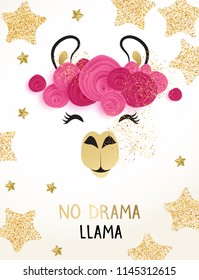 Cute llama vector design with golden glitter stars and No drama llama motivational quote