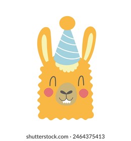 Cute llama vector illustration in a cartoon style. Alpaca lama with blue birthday cap.