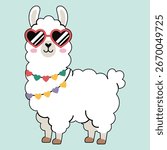 Cute Llama Vector Illustration – Heart Sunglasses and Colorful Necklace Cartoon Animal
