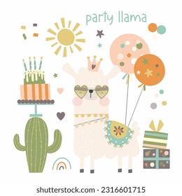 A cute Llama vector illustration set.
Includes a sweet llama, balloons, cactus, birthday cake, gifts and more.
Created in a pastel colour palette.