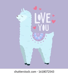 Cute llama vector illustration with text love you, greeting card, valentines day card