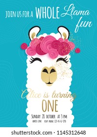 Cute llama vector illustration. Trendy design for birthday party, baby shower. Llama party invitation template