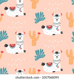 Cute Llama Vector Print. Alpaca Seamless Pattern. Cartoon Hand Drawn Illustrations. Nursery Childish Textile, wallpaper background