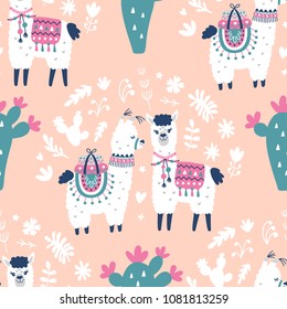 Cute Llama Vector Print. Alpaca Seamless Pattern. Cartoon Hand Drawn Illustrations. Nursery Childish Textile, wallpaper background