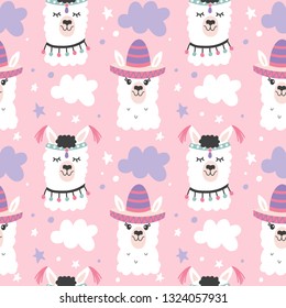 Cute Llama Vector Print. Alpaca Seamless Pattern. Cartoon Hand Drawn Illustrations