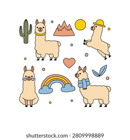 Cute Llama Vector Set with Rainbow, Cactus and Mountains in Flat Cartoon Style