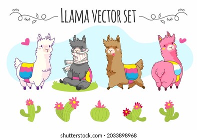 cute llama vector set with various cactus