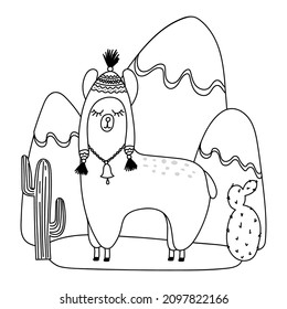 Cute llama in a warm hat against the backdrop of mountains. Linear contour drawing by hands in doodle style. Coloring book page for children. Print for textiles, poster, postcards.