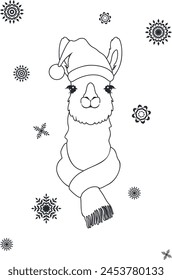 Cute llama wear hat and scarf, decorative snowflakes illustration.