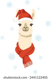 Cute llama wear red christmas hat and scarf illustration.