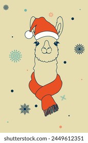 Cute llama wear red christmas hat and scarf illustration.