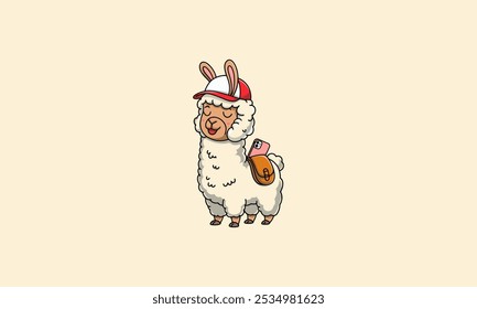 Cute llama wearing a cap with a bag and phone on its back.