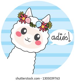 Cute llama wearing flower crown with adios text meaning bye in Spanish