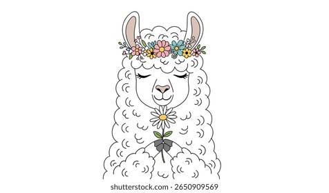 Cute llama wearing flower crown holding daisy gentle peaceful animal illustration