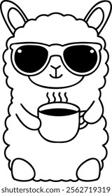 A Cute llama wearing glasses and holding steaming cup of coffee