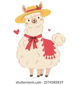 Cute llama wearing a hat. Flat vector illustration in simple childish style 