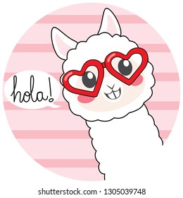 Cute llama wearing heart shaped glasses with hola text meaning hello in Spanish