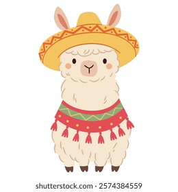 Cute llama wearing a Mexican hat. Flat vector illustration in simple childish style 