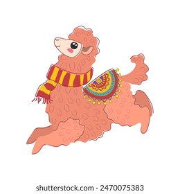 Cute llama wearing striped scarf, animal running and jumping vector illustration