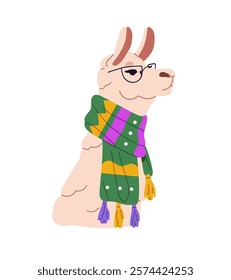 Cute llama wears stylish scarf and eyeglasses. Avatar of fashion fluffy character, alpaca in glasses. Happy lama is dressed in trendy clothes. Flat isolated vector illustration on white background