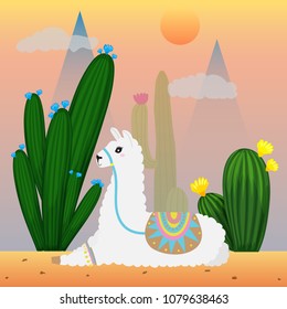 Cute llama in the wild. Desert, mountains, cacti. cartoon. Vector.