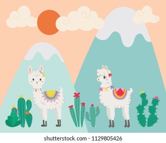 Cute llama in the wild. Hand drawn art.