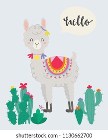 Cute llama in the wild. Hand drawn art. Design for card, sticker