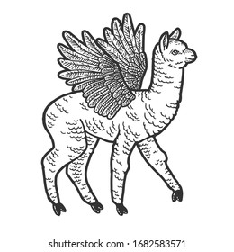 Cute llama with wings. Scratch board imitation. Black and white hand drawn image. Engraving vector illustration