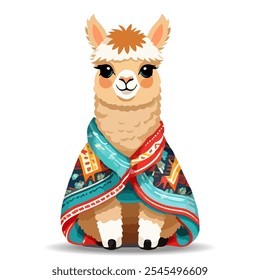 Llama bonito ou Alpaca Wooly Personagem com cobertor colorido em estilo de desenho animado moderno isolado no fundo branco.