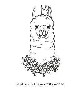 Cute llama with a wreath of flowers and crown on his head. Portrait of a cute animal - coloring book page. Vector illustration isolated on white background.
