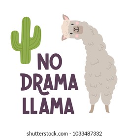 Cute llamas alpaca with cactus hand drawn cartoon poster with lettering quote. Vector Illustration design for cards, posters, t-shirts, invitations, baby shower, birthday, room decor. Np prob llama