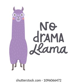 Cute llamas alpaca hand drawn cartoon poster with lettering quote. Vector Illustration design for cards, posters, t-shirts, invitations, baby shower, birthday, room decor. No drama llama