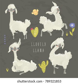 Cute llamas, alpaca set, collection with flowers and cactuses (succulents, cacti). Hand drawn funny bab llama, curious, running, dreaming