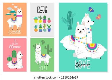 Llamas cortas, alpacas y cactus ilustraciones para el diseño de viveros, afiches, saludos, tarjetas de cumpleaños, diseño de la ducha para bebés y decoración de fiestas